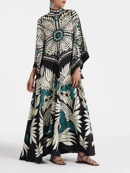 Elegance Floral Print Waterfall Sleeves Maxi Dress