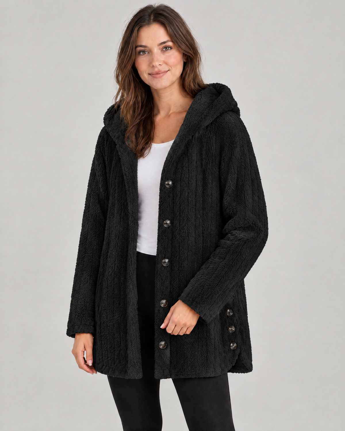 The Hazel Plush Hooded Jacket in Black