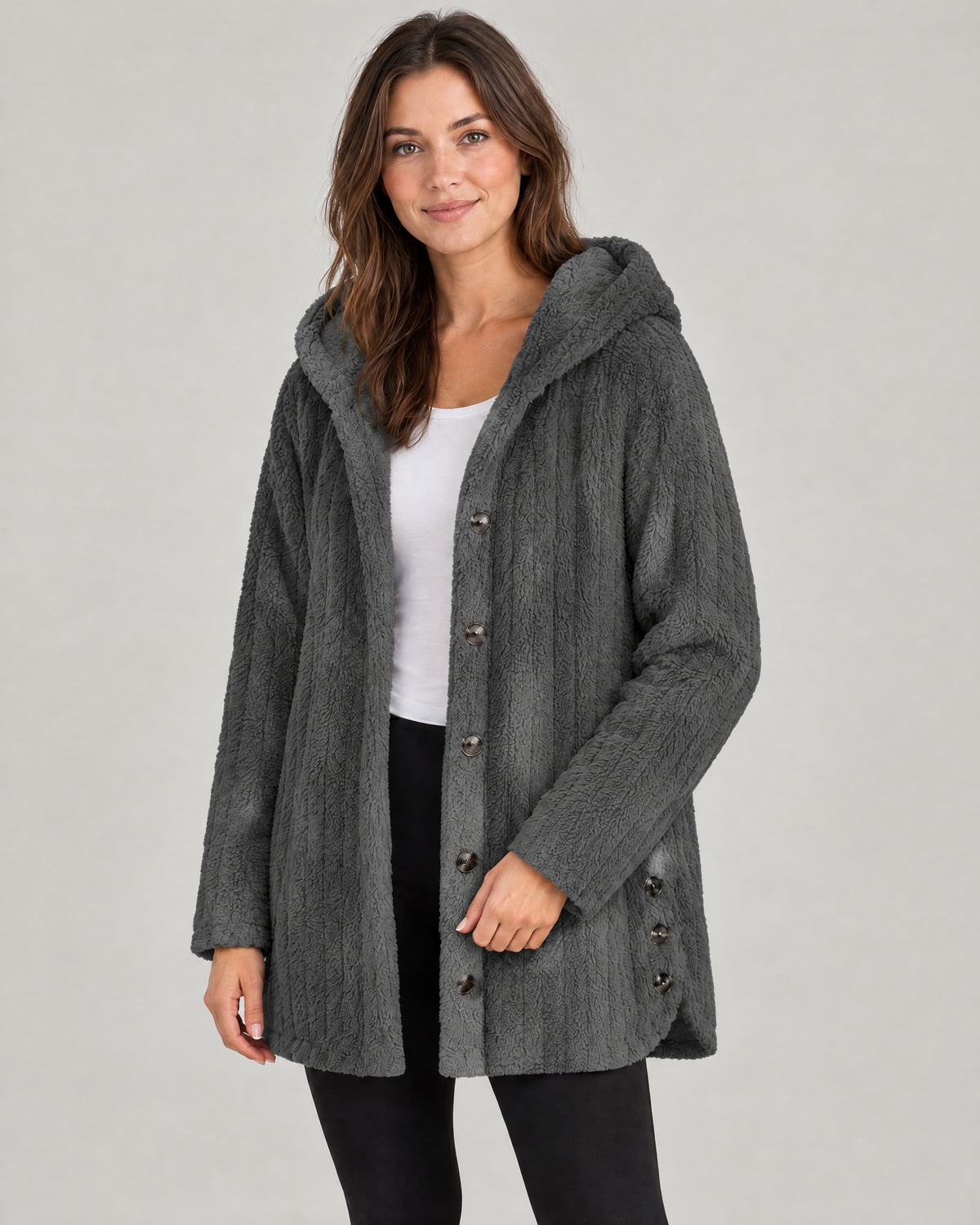 The Hazel Plush Hooded Jacket in Dark Grey