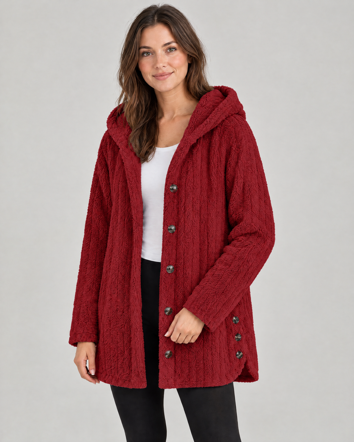 The Hazel Plush Hooded Jacket in Red