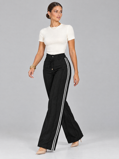 The Eliza Straight-Leg Trousers in Black with White Stripe
