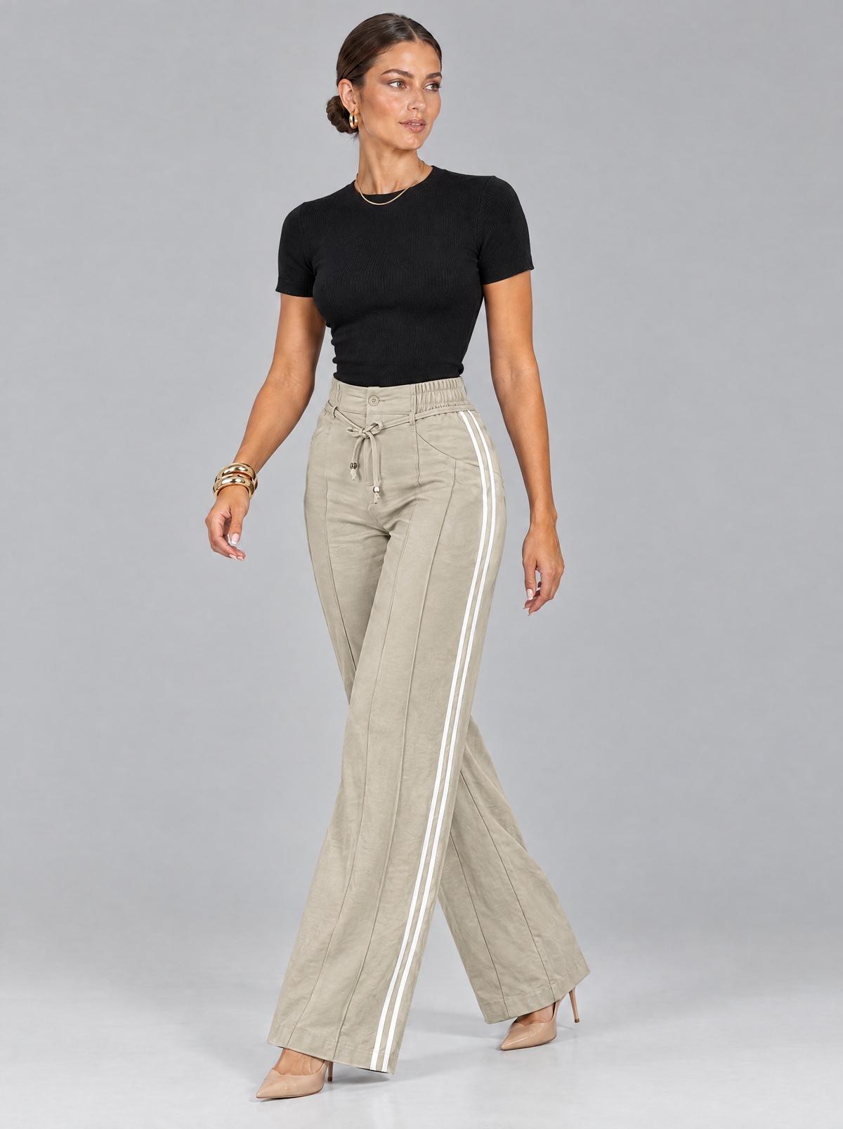 The Eliza Straight-Leg Trousers in Beige with White Stripe