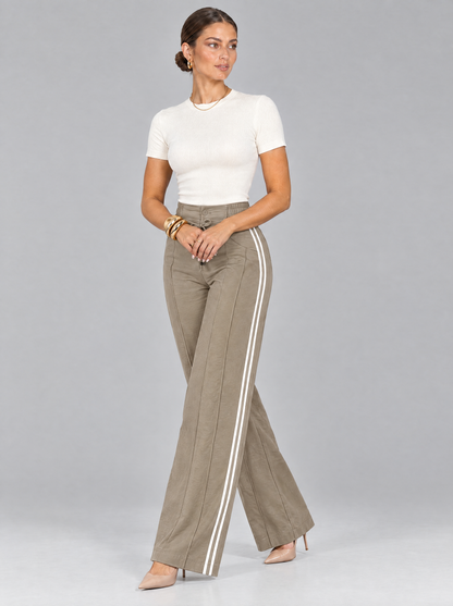 The Eliza Straight-Leg Trousers in Khaki with White Stripe