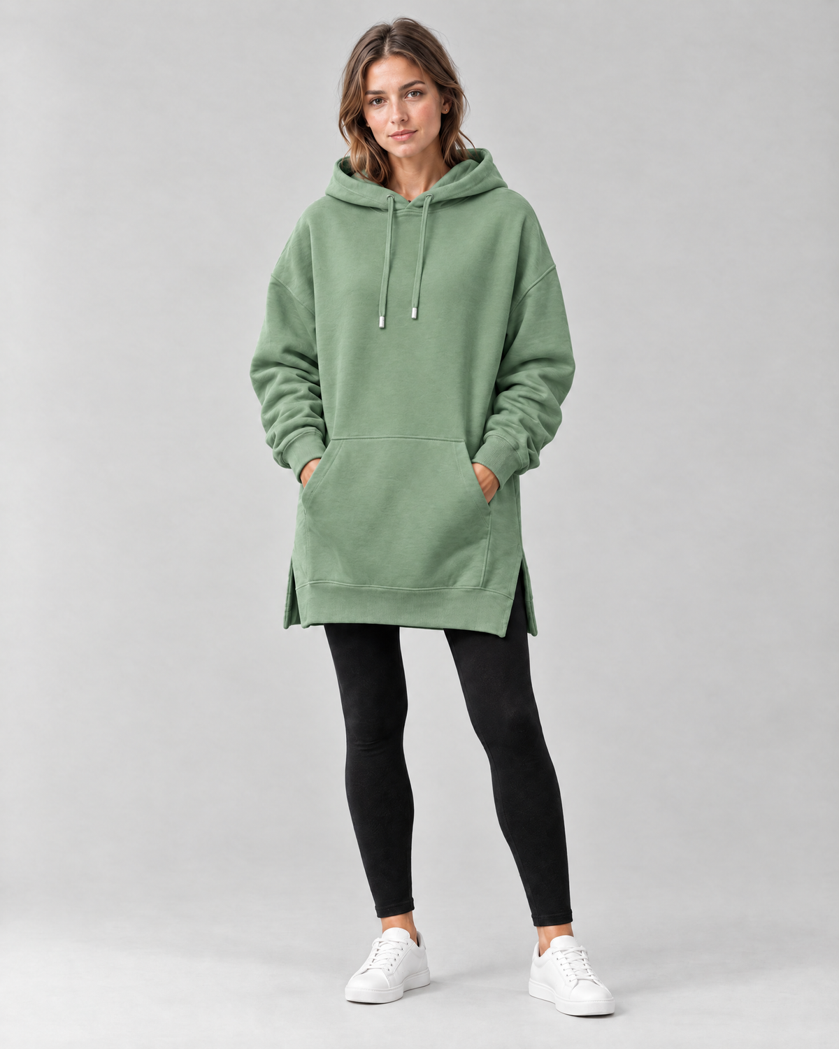 The Harlow Oversized Hoodie Dress in Sage Green