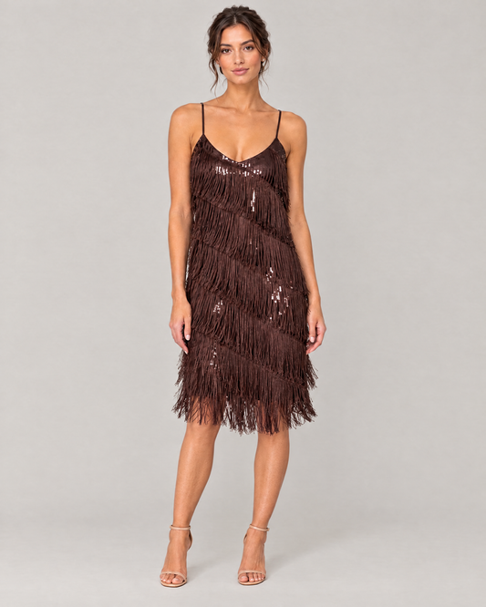 The Odette Sequin Fringe Midi Dress in Brown