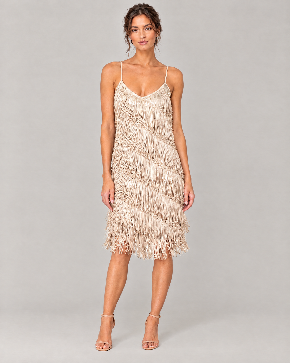 The Odette Sequin Fringe Midi Dress in Champagne