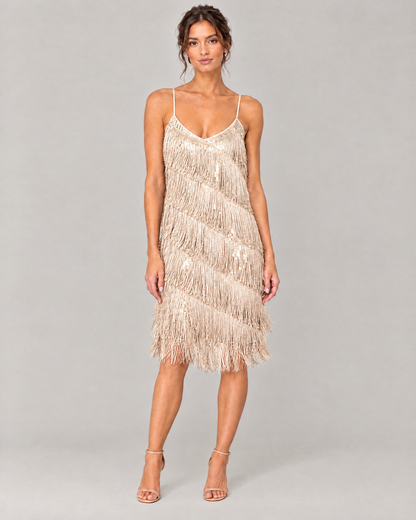 The Odette Sequin Fringe Midi Dress in Champagne