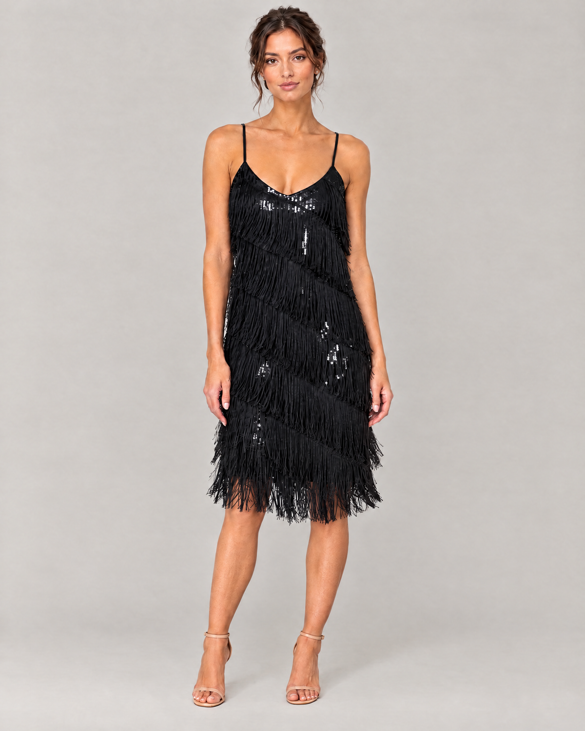 The Odette Sequin Fringe Midi Dress in Black