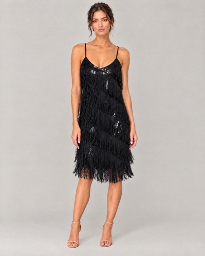 The Odette Sequin Fringe Midi Dress in Black