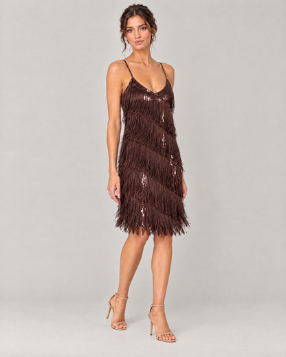 The Odette Sequin Fringe Midi Dress in Brown, fringe in motion