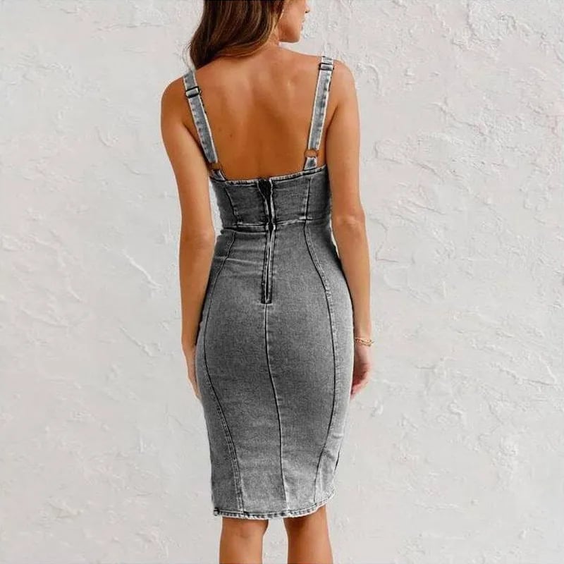 U-neck split denim bodycon cami dress