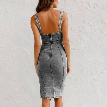 U-neck split denim bodycon cami dress